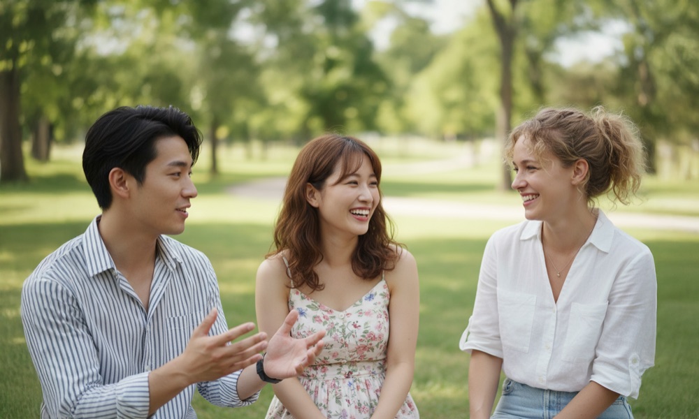 공원에서 이야기 나누는 친구들